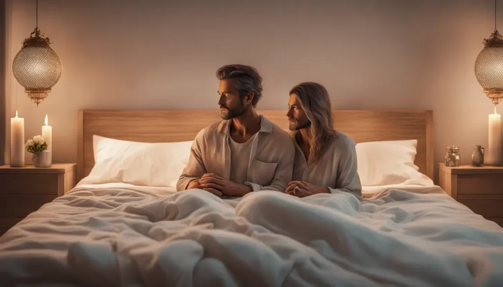 Casal enfrentando ansiedade na intimidade, com a mulher preocupada e o homem oferecendo conforto em um quarto acolhedor com luz de velas.