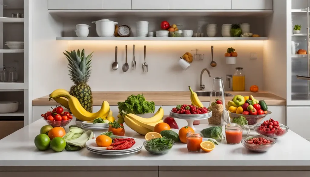 Uma mesa de cozinha com frutas frescas, vegetais coloridos, salada verde, peixes grelhados, quinoa e um copo de suco natural, destacando alimentação balanceada.