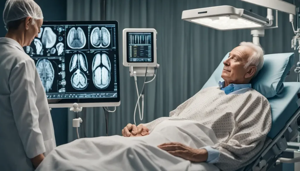 Idoso recebendo terapia de estimulação cerebral profunda para Doença de Parkinson em hospital moderno, médico ajustando dispositivo em tablet.