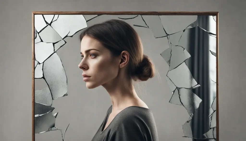 Mulher em pé na frente de um espelho rachado, um lado refletindo uma expressão triste e escura, e o outro lado refletindo uma expressão confiante e brilhante.