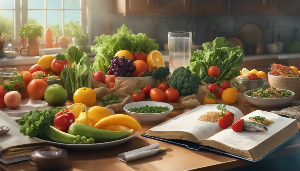 Imagem destacando a influência da nutrição na saúde mental: uma mesa com frutas, vegetais, uma refeição balanceada e um livro com ilustrações do cérebro.