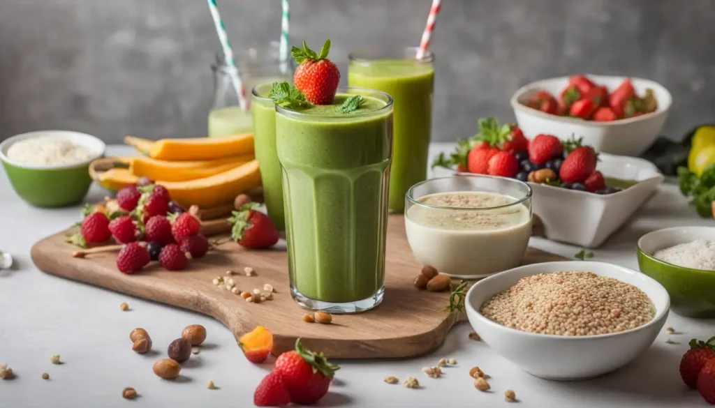 Alimentação pré e pós-treino: mesa com aveia, smoothie verde, frango com quinoa e vegetais, água e halteres para maximizar o desempenho.
