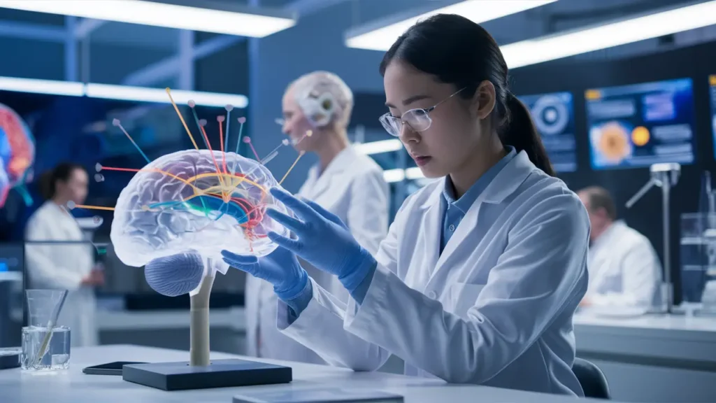 Cientista analisa modelo de cérebro com vias neurais coloridas em laboratório com telas digitais ao fundo.