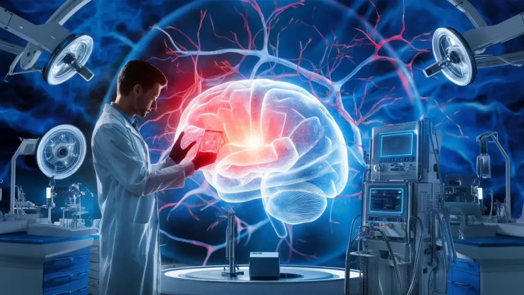 Cientista analisando holograma de cérebro em laboratório futurista com equipamentos médicos avançados ao redor.