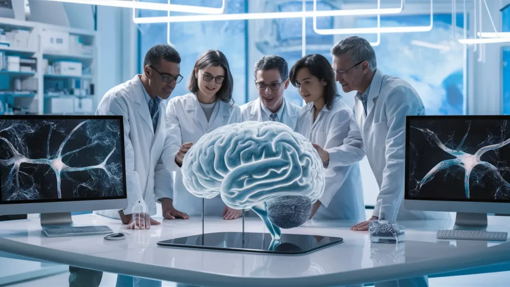 Cientistas analisam um modelo 3D de cérebro humano em laboratório moderno, com telas mostrando atividade neural.