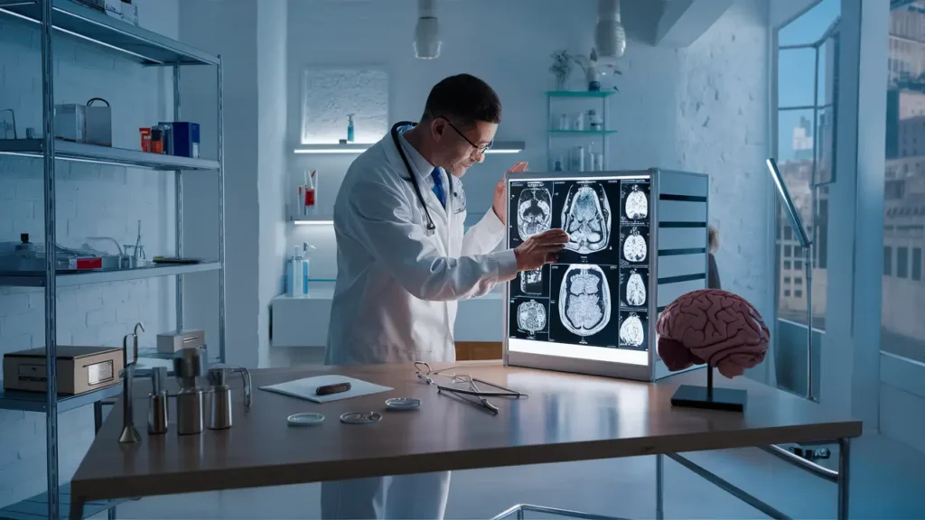 Médico neurologista examinando uma ressonância magnética em uma sala moderna de clínica com modelo de cérebro e instrumentos médicos.