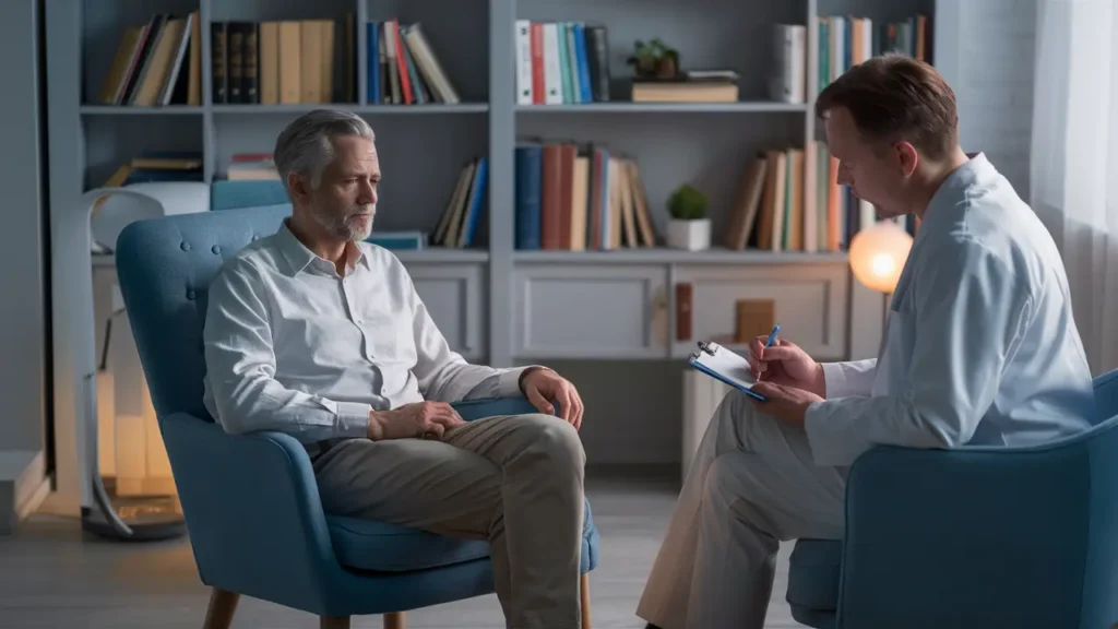 Paciente em consulta psiquiátrica, conversando com médico que anota em prancheta, em consultório com estante de livros ao fundo.
