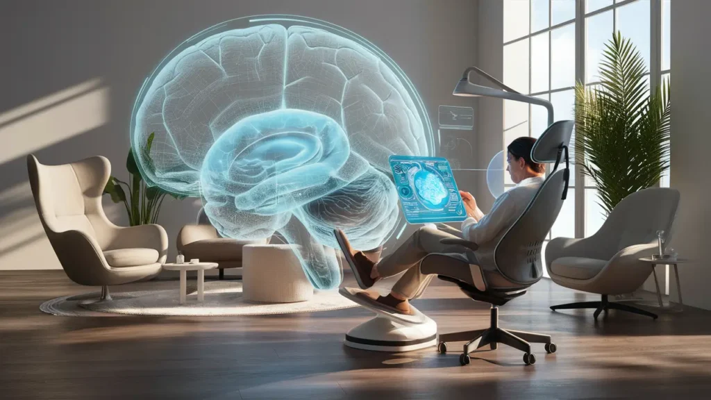 Consultório futurista com terapeuta em cadeira ergonômica, holograma cerebral transparente e móveis neutros.
