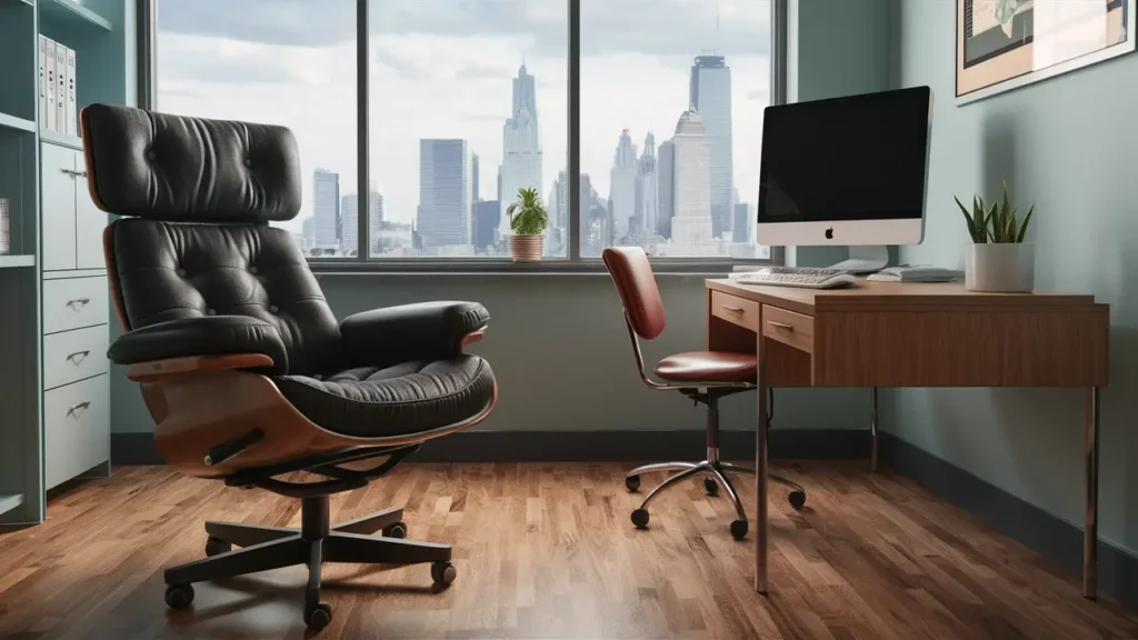 Consultório de psiquiatria moderno com cadeira de couro preta, mesa de madeira com computador e planta, e janela com vista para a cidade.