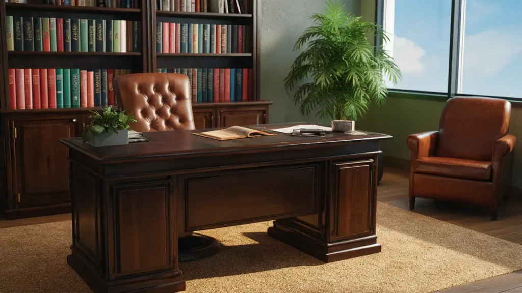 Consultório psiquiátrico com mesa de madeira, cadeira de couro, estante com livros, planta em vaso e janela com céu azul.