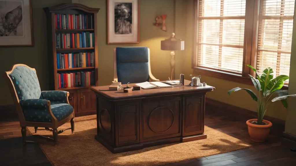 Consultório psiquiátrico com mesa de madeira, cadeira azul, estante de livros coloridos e janela grande com luz natural.