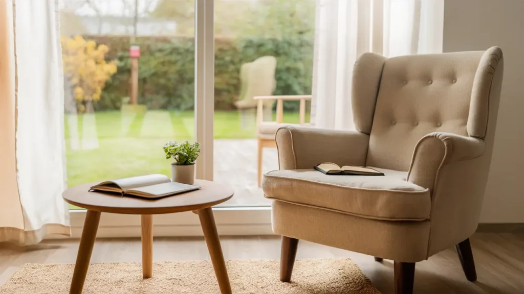 Consultório terapêutico com poltrona bege, mesa de madeira, planta pequena e caderno, luz natural suave entrando pela janela.