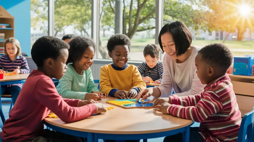 Crianças em sala de aula interagindo com ferramentas de aprendizado coloridas sob a orientação de uma professora.