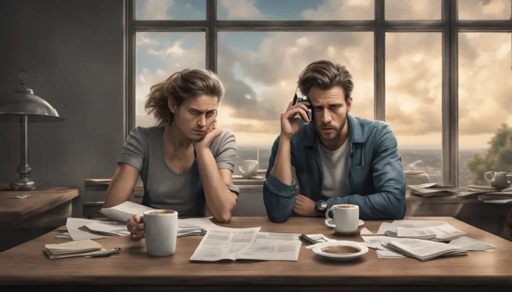 Duas pessoas sentadas à mesa, ambas com expressões preocupadas, uma segurando o telefone ansiosamente e a outra com os braços cruzados, refletindo ansiedade nas relações afetivas.