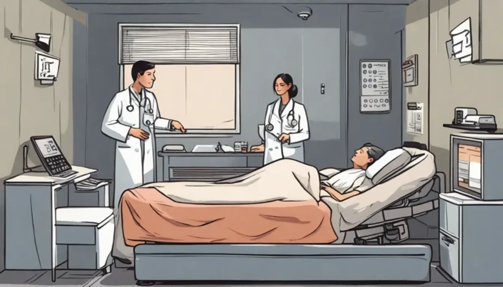 Imagem de um quarto escuro com uma figura humana deitada na cama conectada a um eletroencefalograma, refletindo problemas neurológicos relacionados ao sono.