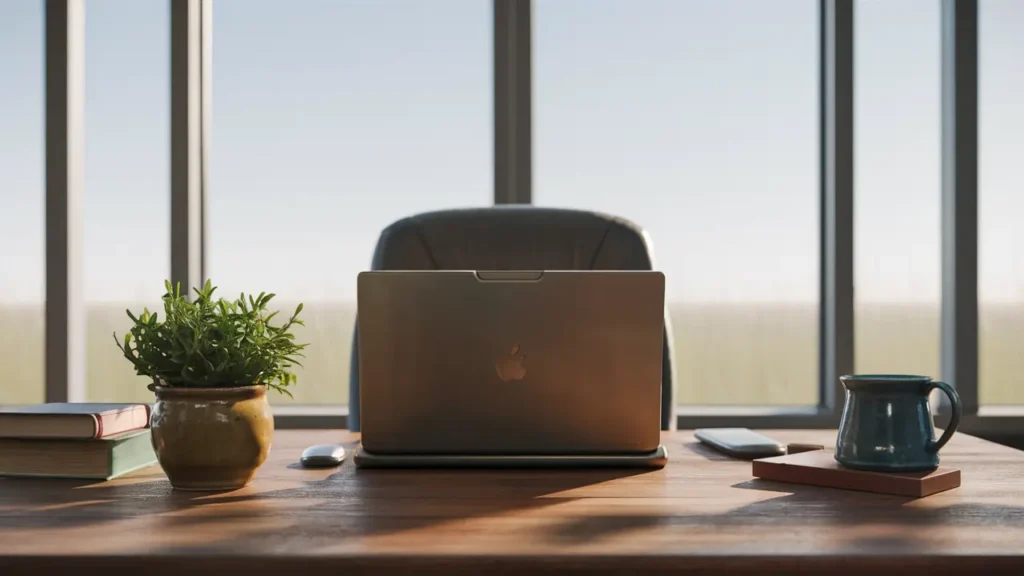 Escritório com mesa de madeira, laptop, planta verde em vaso, pilha de livros e caneca azul, janela ao fundo com céu claro.