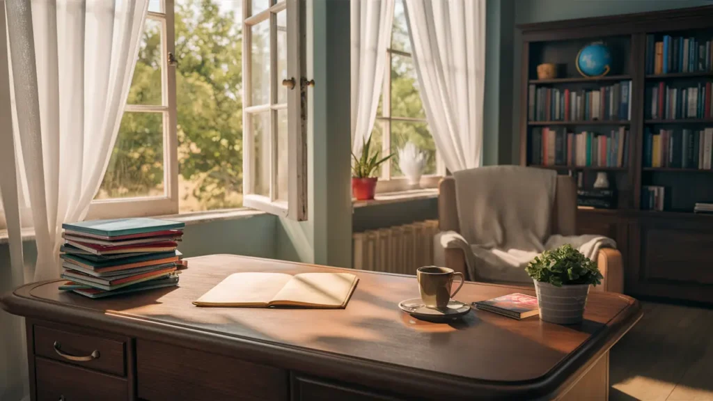 Escritório de psiquiatra com mesa de madeira, caderno colorido, xícara de café, planta e estante com livros de psicologia.