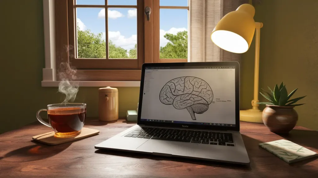 Escritório aconchegante com laptop exibindo diagrama cerebral, chá de ervas e planta suculenta em mesa de madeira.