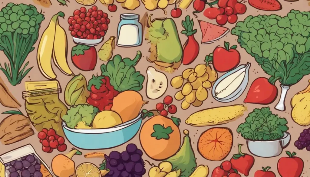 Mesa de cozinha dividida ao meio com alimentos frescos como frutas e vegetais de um lado e alimentos processados embalados do outro, sob luz natural.