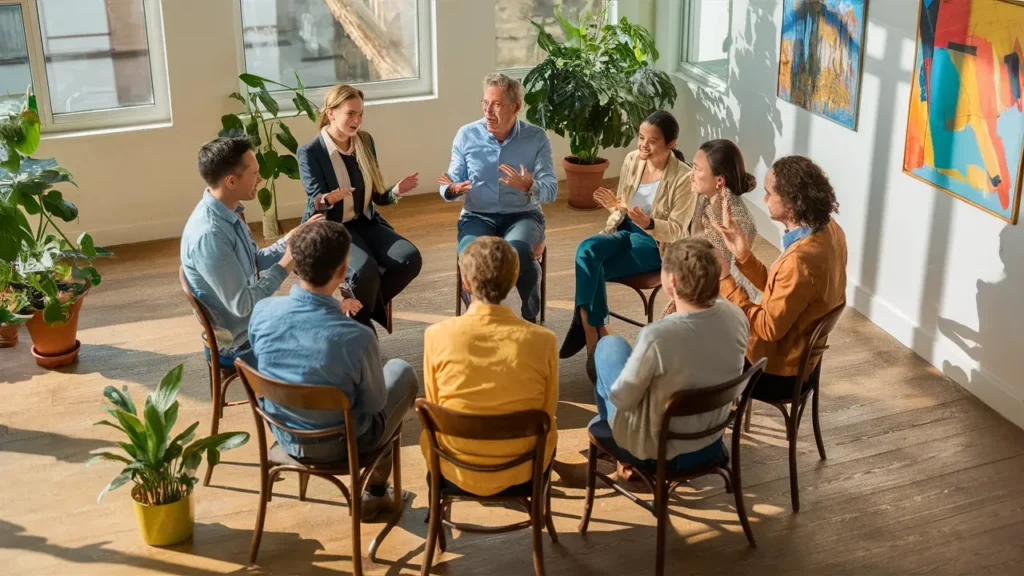 Pessoas de diferentes idades e gêneros sentadas em círculo em cadeiras de madeira discutindo em uma sala ensolarada com plantas.