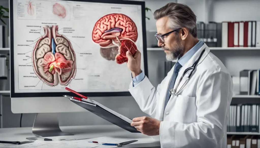 Imagem de um médico profissional apontando para um diagrama anatômico do cérebro humano com áreas vermelhas destacadas indicando zonas de AVC, em um consultório médico bem iluminado.
