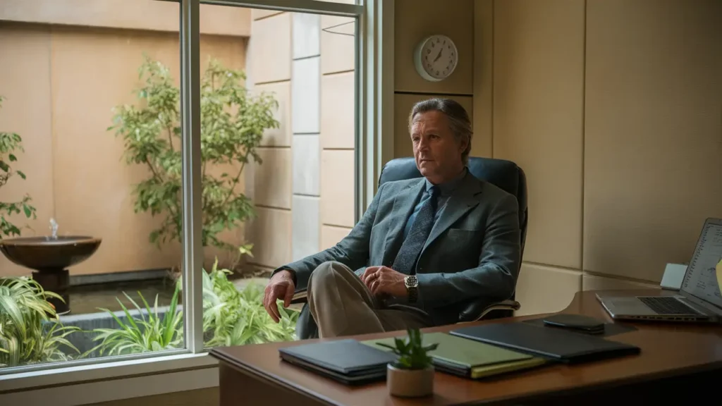 Homem de meia-idade sentado em cadeira de escritório em ambiente organizado com janela grande e jardim ao fundo.