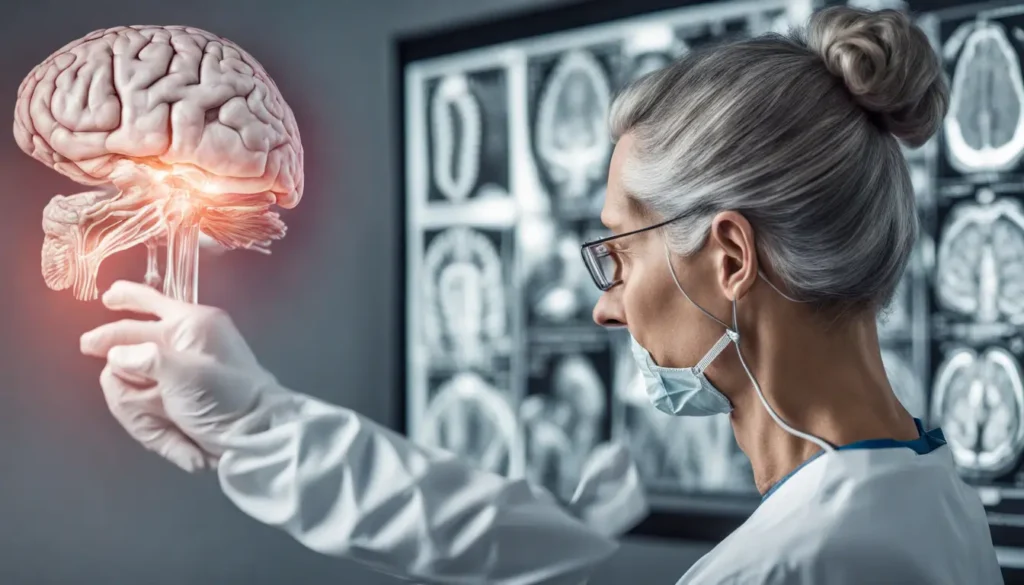 Médico neurologista examinando um cérebro humano em um escritório clínico, com equipamentos médicos e diagramas de neuroanatomia nas paredes.