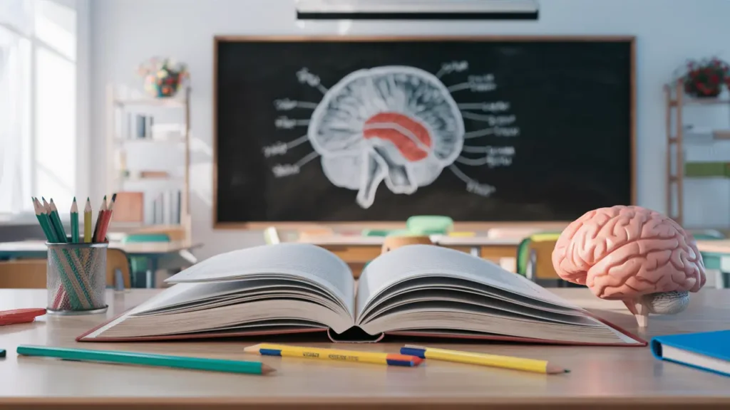 Livro aberto em mesa de madeira com lápis coloridos e modelo de cérebro, quadro negro ao fundo com diagrama cerebral.