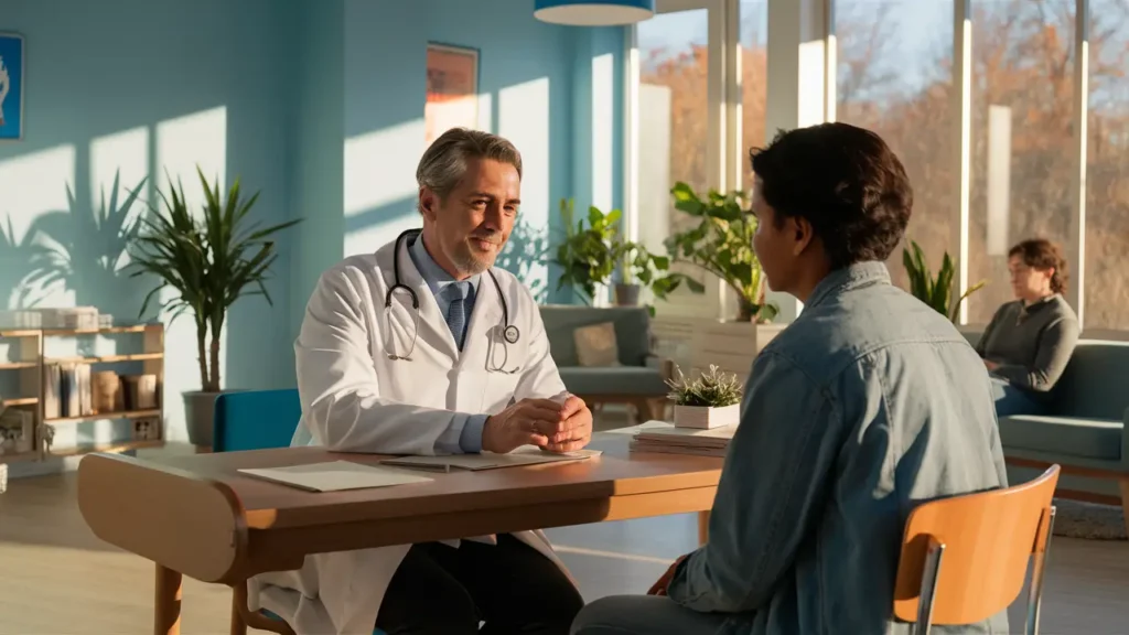 Médico em consultório psiquiátrico, sentado à mesa, conversando com paciente, ambiente com plantas e janelas grandes.
