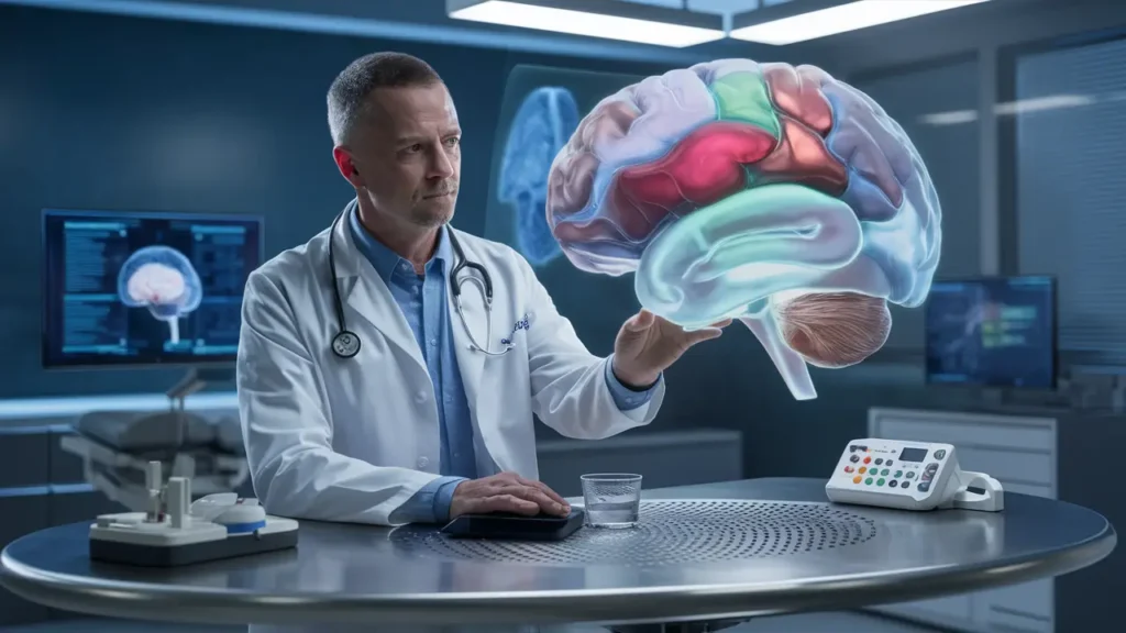 Um médico examina um holograma detalhado de um cérebro em uma clínica moderna, cercado por tecnologia avançada.