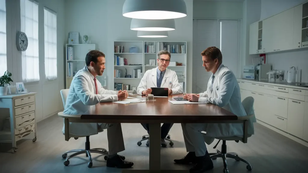 Três médicos em consulta em uma clínica moderna com mesa de madeira e paredes brancas.