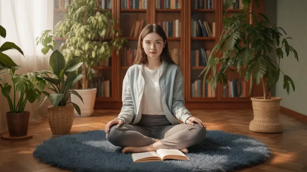 Mulher sentada em tapete azul com livro no colo, cercada por plantas e estante de madeira com livros ao fundo.