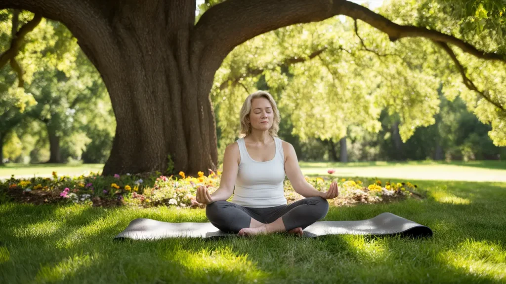 Mulher meditando em um parque sob uma grande árvore de carvalho com flores coloridas e luz do sol filtrando pelas folhas.