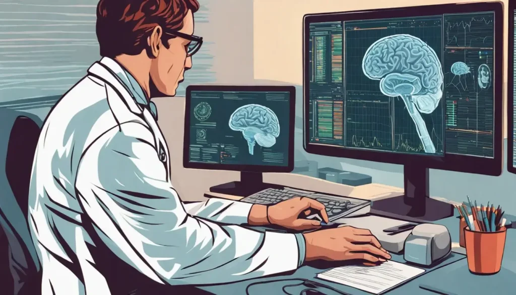 Neuropsicólogo analisando gráficos cerebrais em um computador ao lado de um paciente em um consultório moderno, representando o diagnóstico de transtornos cognitivos.