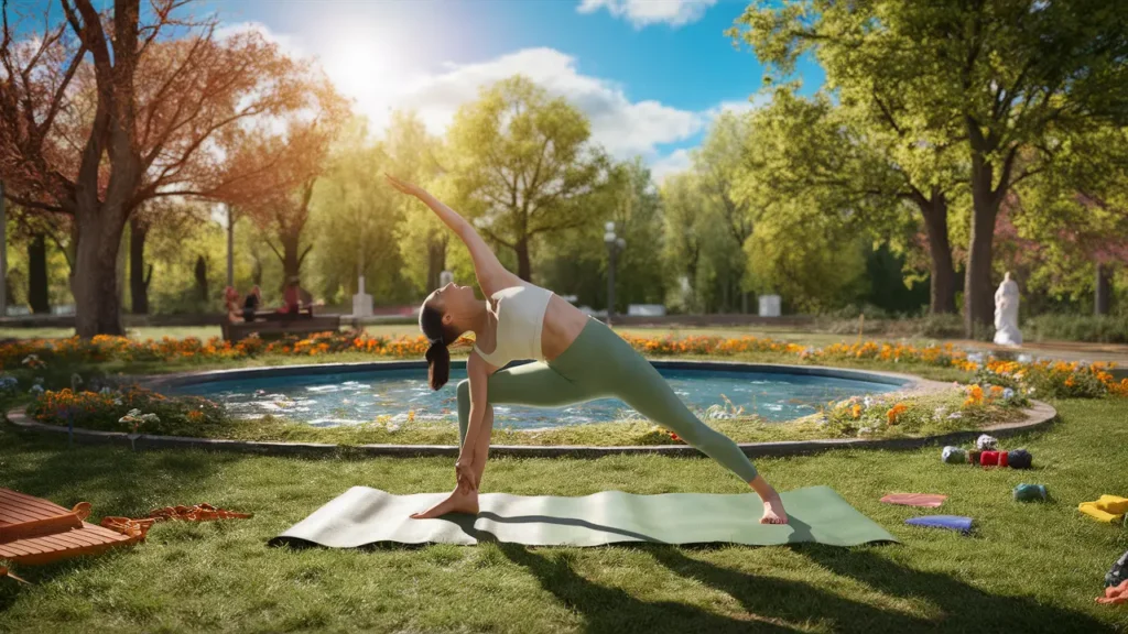 Pessoa praticando ioga em parque com flores coloridas e fonte ao fundo, sob céu azul claro.