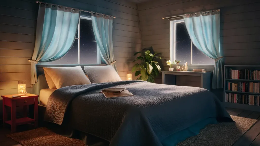 Quarto aconchegante com cama grande, colcha azul, travesseiros brancos, abajur, cortinas azuis e planta verde no canto.