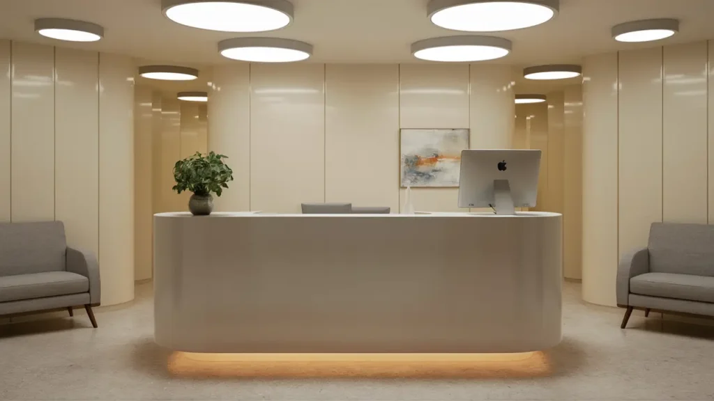 Recepção de clínica com mesa branca, planta, monitor, cadeiras cinza e quadro abstrato em parede creme.
