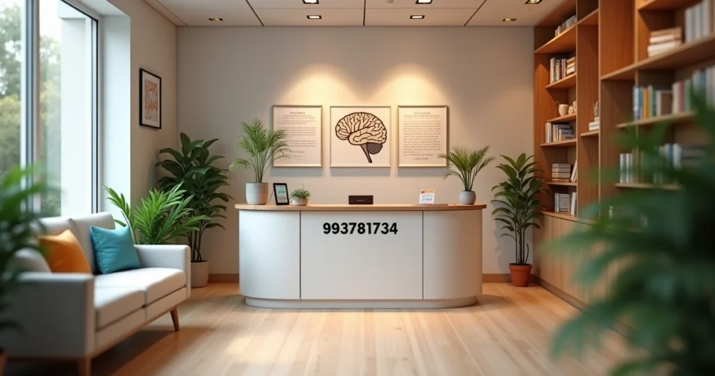 Recepção de clínica com contato neuropsicologia '993781734' e logo do WhatsApp em ambiente acolhedor.