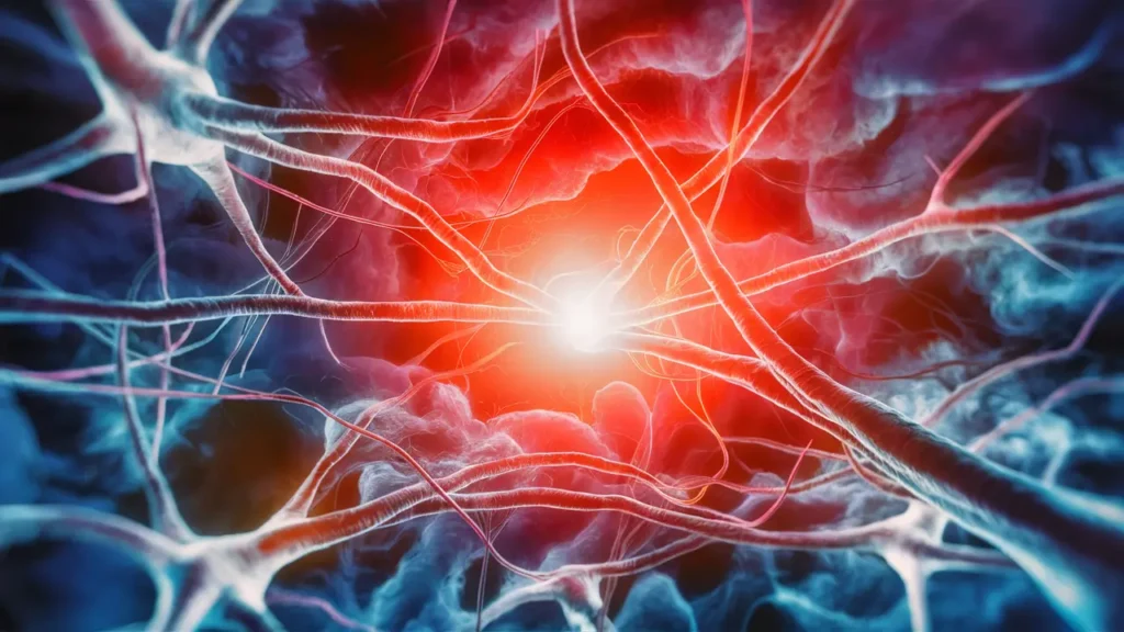Rede complexa de neurônios interligados com sinapses brilhantes e vias neurais em cores vibrantes.