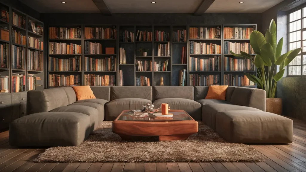 Sala de estar moderna com sofá cinza, mesa de centro de madeira e planta alta ao lado da janela.