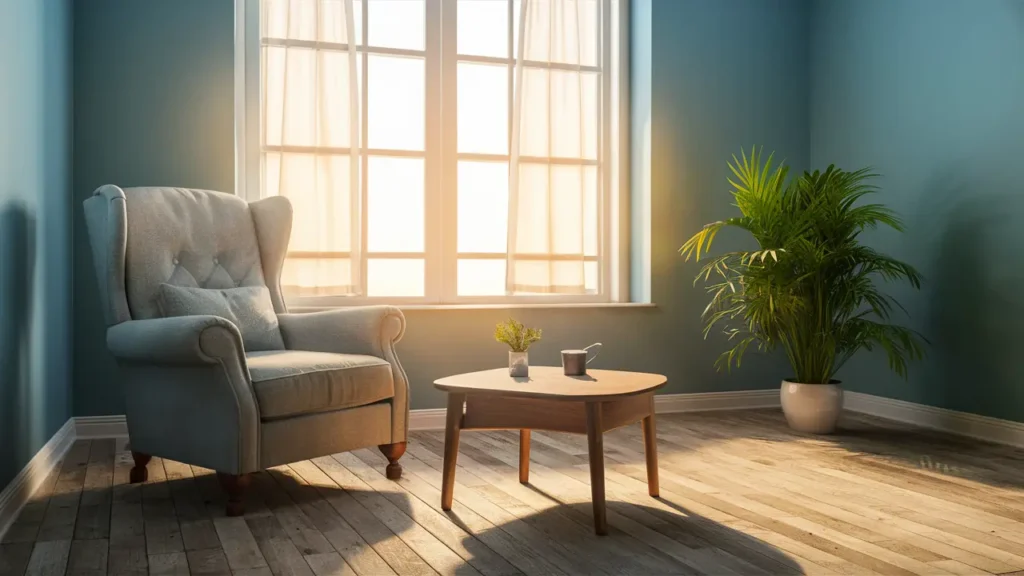 Sala de terapia com poltrona confortável, mesa de madeira e planta verde ao lado de uma janela com luz suave.
