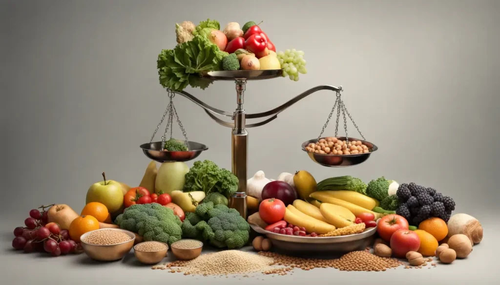 Balança equilibrada com uma variedade de alimentos, incluindo frutas, vegetais, carne e grãos, representando dietas da moda.
