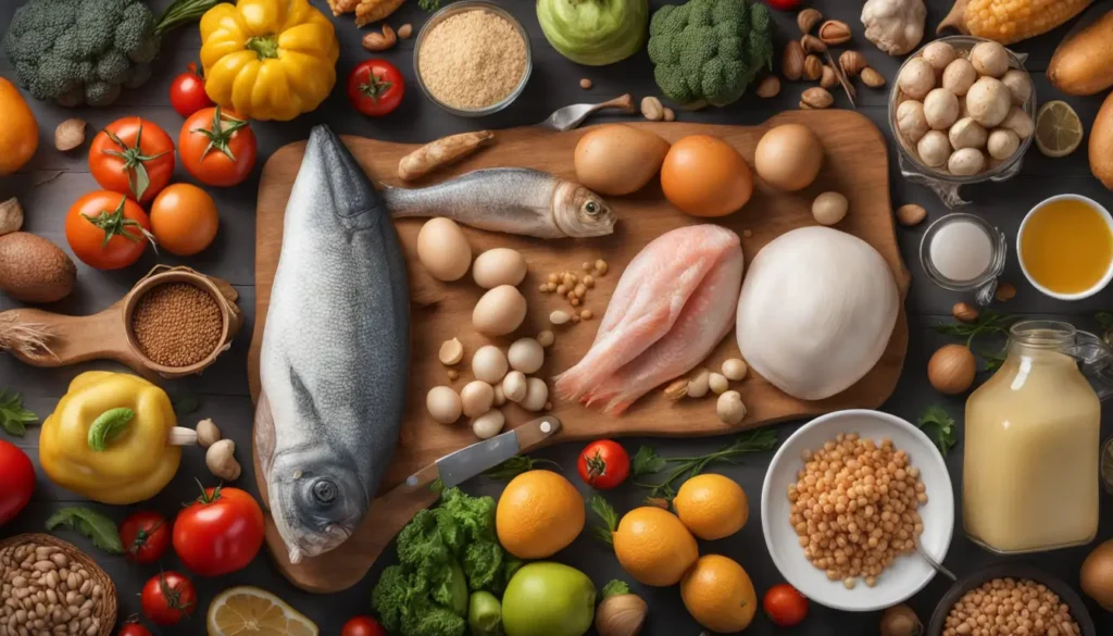 Mesa de cozinha com alimentos variados, cada um etiquetado com uma intolerância alimentar, destacando a identificação e manejo eficaz dessas intolerâncias.