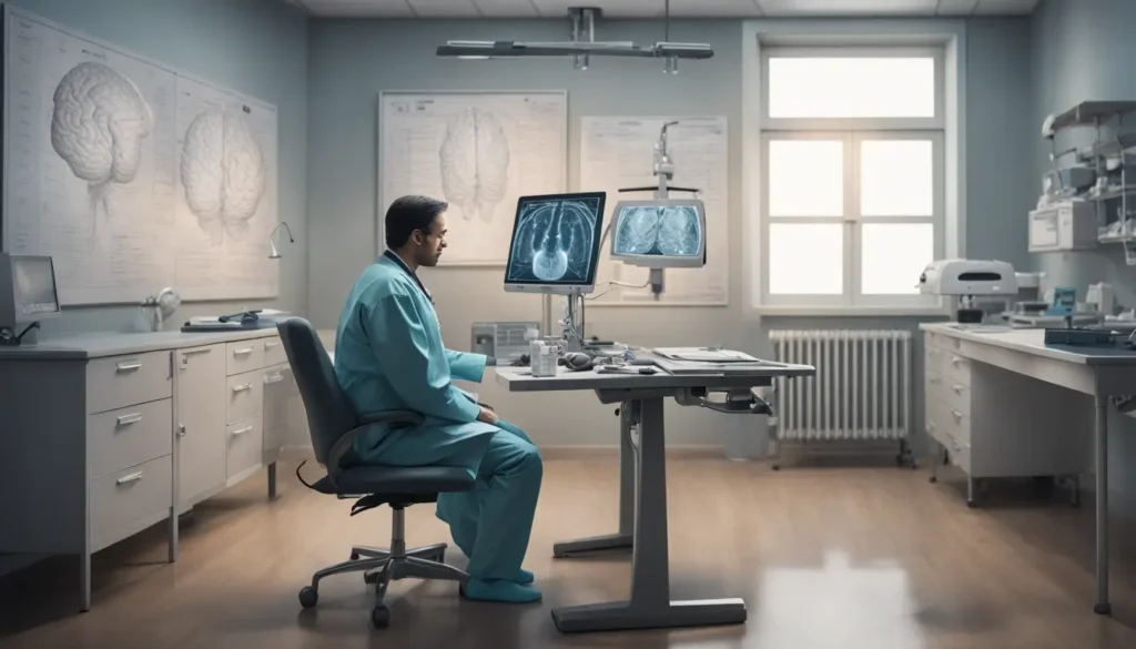 Médico segurando relatório de EEG em consultório, paciente sentado na mesa de exame, pôster de cérebro na parede e equipamentos médicos ao redor.