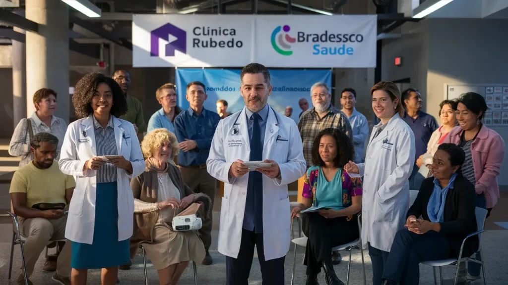Pessoas diversas em um workshop de saúde mental, com médicos, banner da Clínica Rubedo e Bradesco Saúde ao fundo.