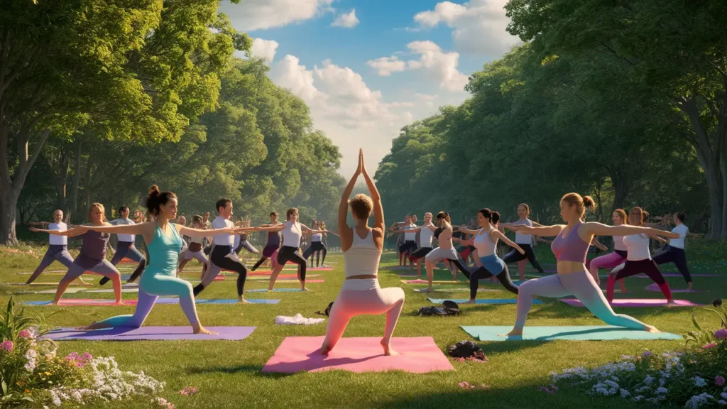 Pessoas diversas praticando yoga em um parque ensolarado com árvores verdes e flores coloridas.