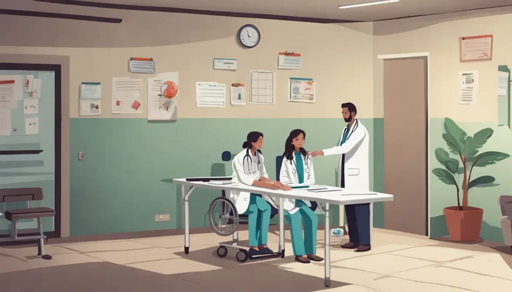 Médico consultando um adulto e uma criança sobre TDAH em uma sala com cartazes educativos e vista para o Tatuapé.
